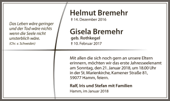 Todesanzeige von Helmut und Gisela Bremehr von MZV