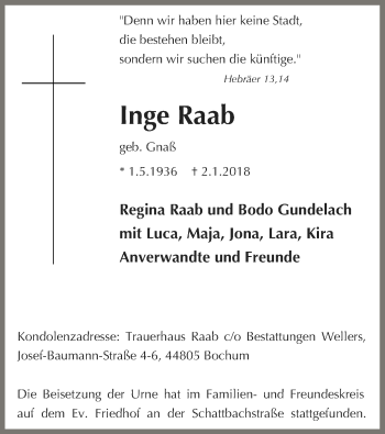 Todesanzeige von Inge Raab von MZV