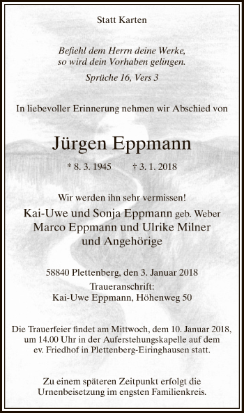Todesanzeige von Jürgen Eppmann von MZV