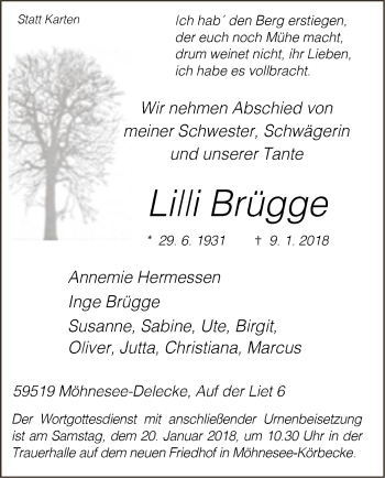 Todesanzeige von Lilli Brügge von MZV