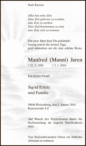 Todesanzeige von Manfred  Jaren von MZV