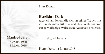 Todesanzeige von Manfred  Jaren von MZV