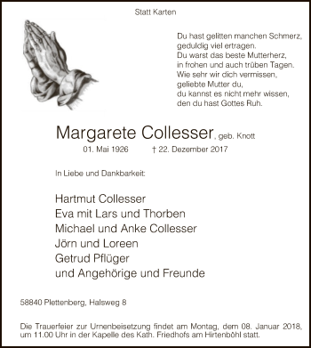 Todesanzeige von Margarete Collesser von MZV
