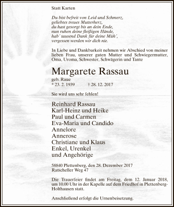 Todesanzeige von Margarete Rassau von MZV