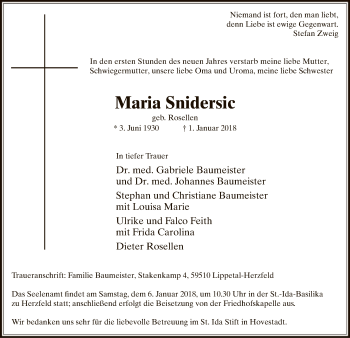 Todesanzeige von Maria Snidersic von MZV
