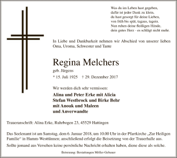 Todesanzeige von Regina Melchers von MZV
