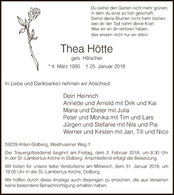 Todesanzeige von Thea Hötte von MZV