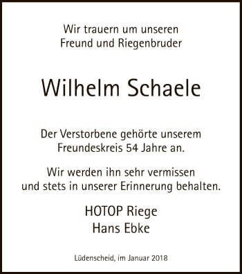 Todesanzeige von Wilhelm Schaele von MZV