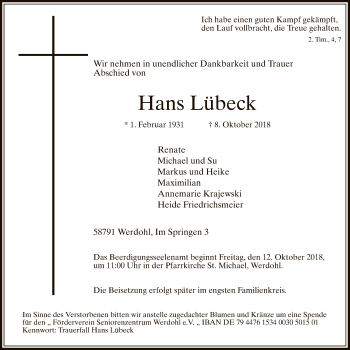 Todesanzeige von Hans Lübeck von MZV