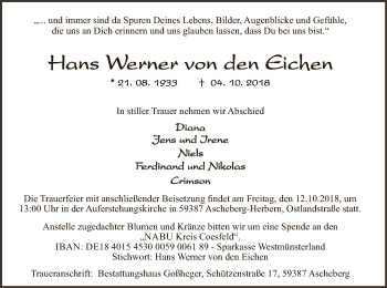 Todesanzeige von Hans Werner von den Eichen von MZV