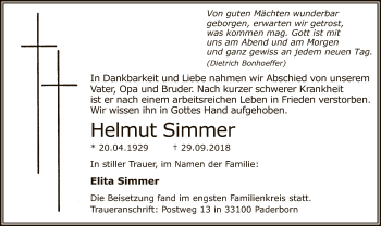 Todesanzeige von Helmut Simmer von MZV