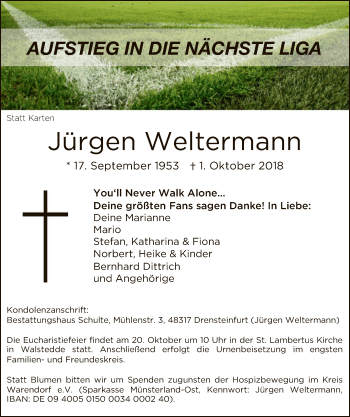 Todesanzeige von Jürgen Weltermann von MZV