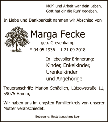 Todesanzeige von Marga Fecke von MZV