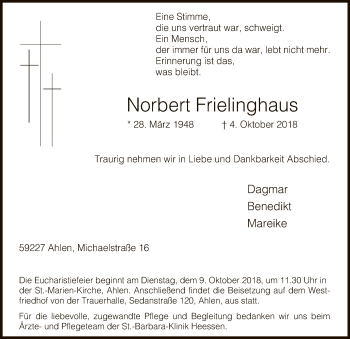 Todesanzeige von Norbert Frielinghaus von MZV