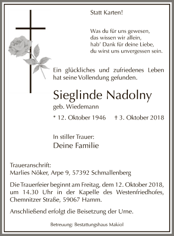 Todesanzeige von Sieglinde Nadolny von MZV