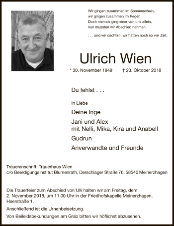 Todesanzeige von Ulrich Wien von MZV