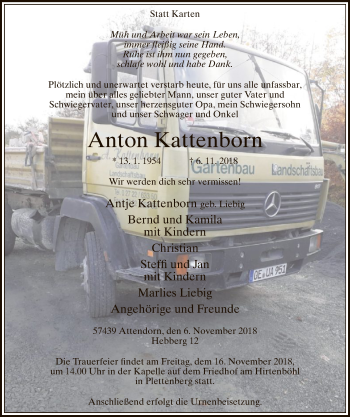 Todesanzeige von Anton Kattenborn von MZV