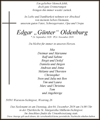 Todesanzeige von Edgar Oldenburg von MZV
