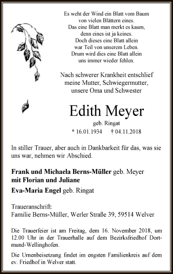 Todesanzeige von Edith Meyer von MZV