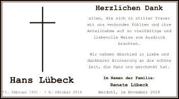 Todesanzeige von Hans Lübeck von MZV
