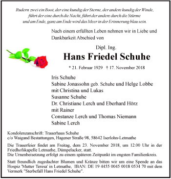 Todesanzeige von Hans Friedel Schuhe von MZV