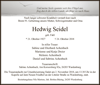 Todesanzeige von Hedwig Seidel von MZV