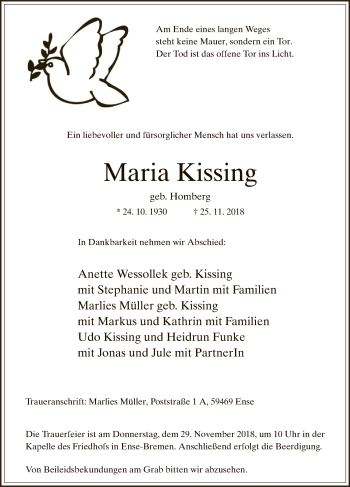 Todesanzeige von Maria Kissing von MZV