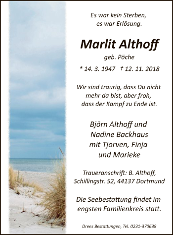 Todesanzeige von Marlit Althoff von MZV