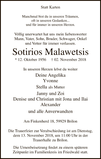 Todesanzeige von Sotirios Malawetsis von MZV