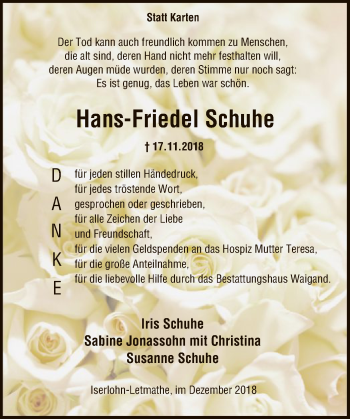 Todesanzeige von Hans-Friedel Schuhe von MZV