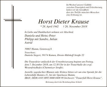 Todesanzeige von Horst Dieter Krause von MZV