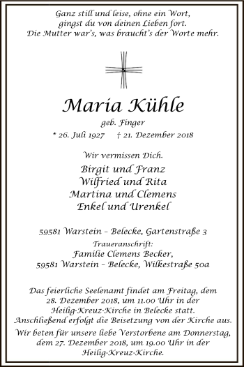 Todesanzeige von Maria Kühle von MZV