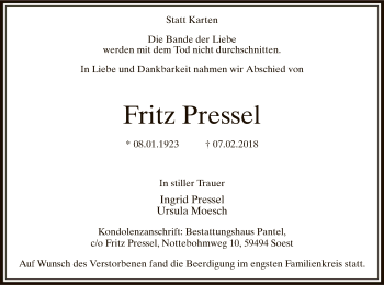 Todesanzeige von Fritz Pressel von MZV