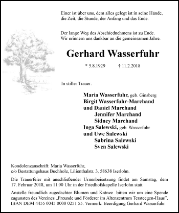 Todesanzeige von Gerhard Wasserfuhr von MZV
