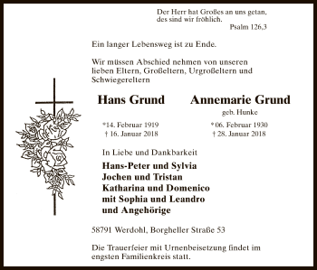 Todesanzeige von Hans und Annemarie Grund von MZV