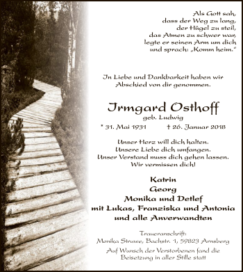 Todesanzeige von Irmgard Osthoff von MZV