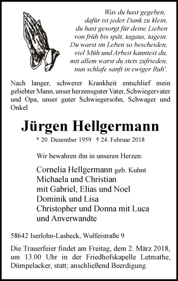 Todesanzeige von Jürgen Hellgermann von MZV