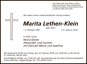 Todesanzeige von Marita Lethen-Klein von MZV