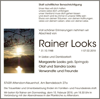 Todesanzeige von Rainer Looks von MZV