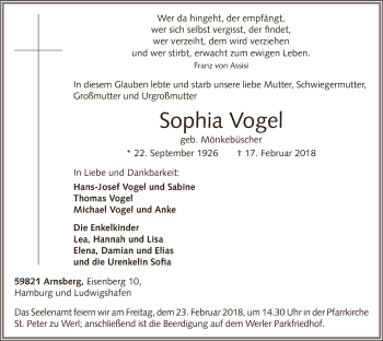 Todesanzeige von Sophia Vogel von MZV