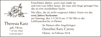 Todesanzeige von Theresia Katz von MZV