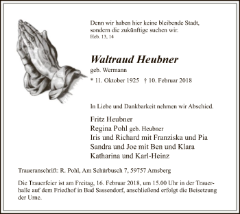 Todesanzeige von Waltraud Heubner von MZV