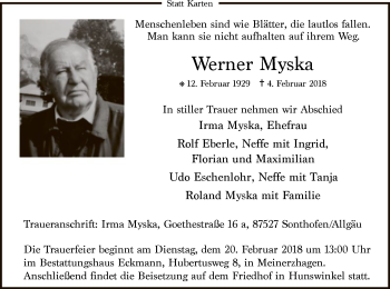 Todesanzeige von Werner Myska von MZV