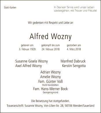 Todesanzeige von Alfred Wozny von MZV