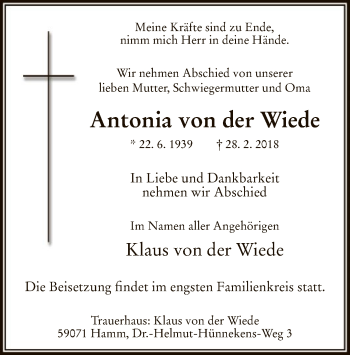 Todesanzeige von Antonia von der Wiede von MZV