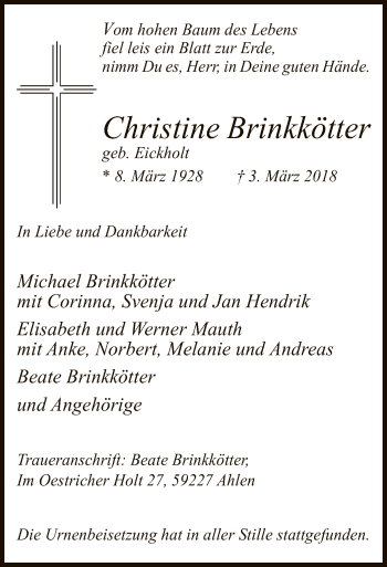 Todesanzeige von Christine Brinkkötter von MZV