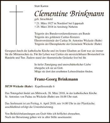 Todesanzeige von Clementine Brinkmann von MZV