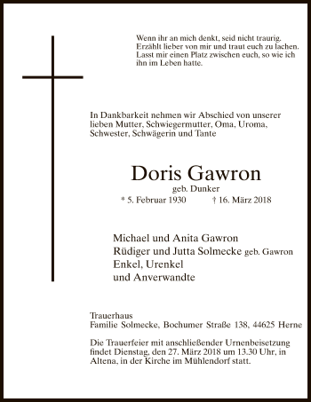 Todesanzeige von Doris Gawron von MZV