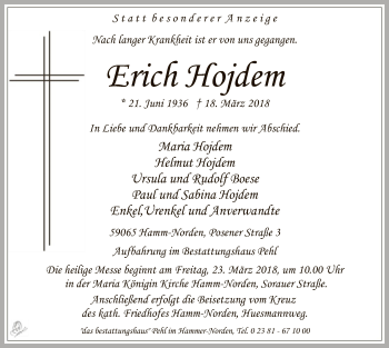 Todesanzeige von Erich Hojdem von MZV
