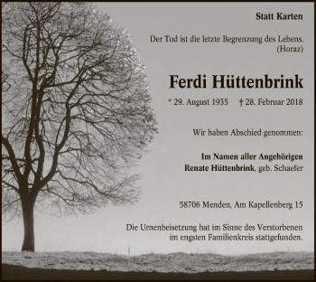 Todesanzeige von Ferdi Hüttenbrink von MZV